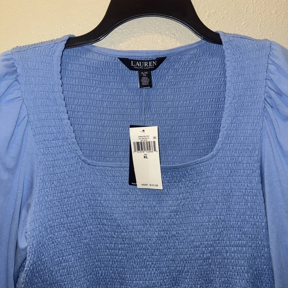 Lauren RALPH LAUREN Square Neck Smocked Blouse Sky Blue Size XL Stretchy NWT